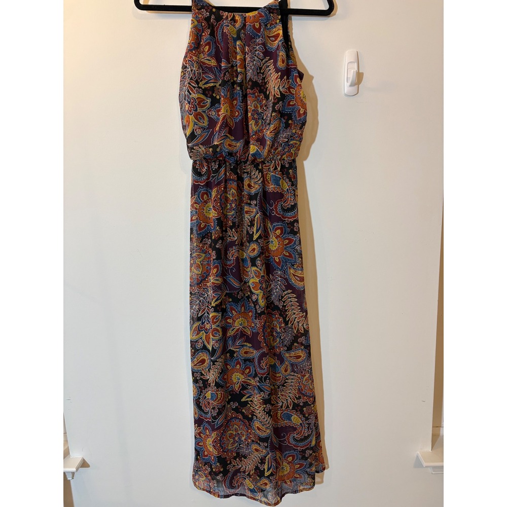 Tacera Paisley Floral Halter Maxi Dress Size Small Purple Orange Blue Sleeveless